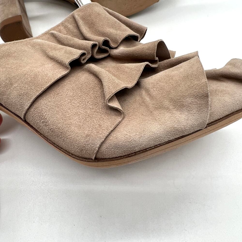 ALEXANDRE BIRMAN Ruffle Suede Heels Womens 37 Taupe Leather Ankle Wrap Sandal - Picture 8 of 16